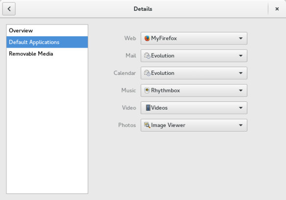 What the GNOME Settings->Details->Default Applications dialog looks like after I made one small change.